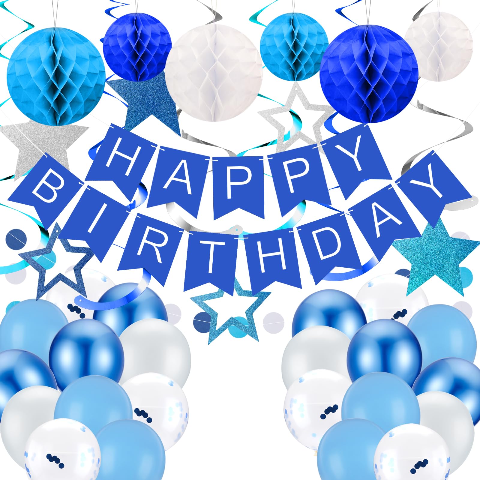 Blaue Geburtstagsdekoration Set - Happy Birthday Banner, Wabenbälle & Girlande Für Jungen/Männer