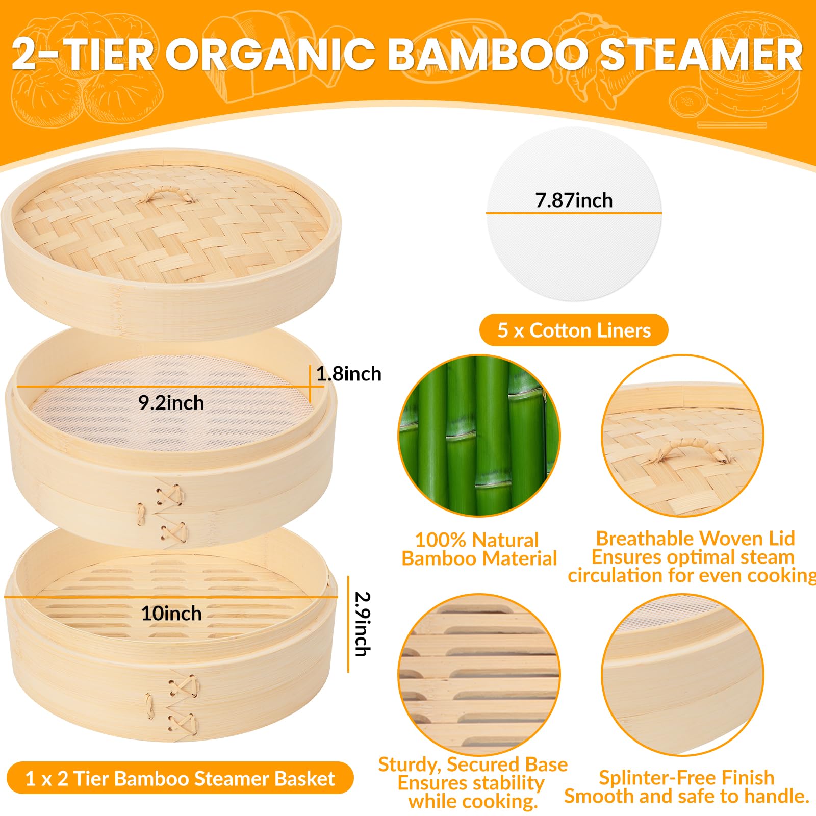 2 Livello Vaporiera in bambù, 20cm Cestello Cottura a Vapore Bambu con Coperchio e 5 Pezzi Panno Vapore per Vapore Gnocchi di Verdure a Dim Sum