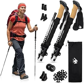 ayamaya Trekking Poles for Hiking Walking, 100% Carbon Fiber Ultralight Antishock Quick Flip Lock Cork Grip -[2 Style]- 7075 Aluminum Combination Lock Mechanisms (7075 Aluminum (Collapsible 100-120))