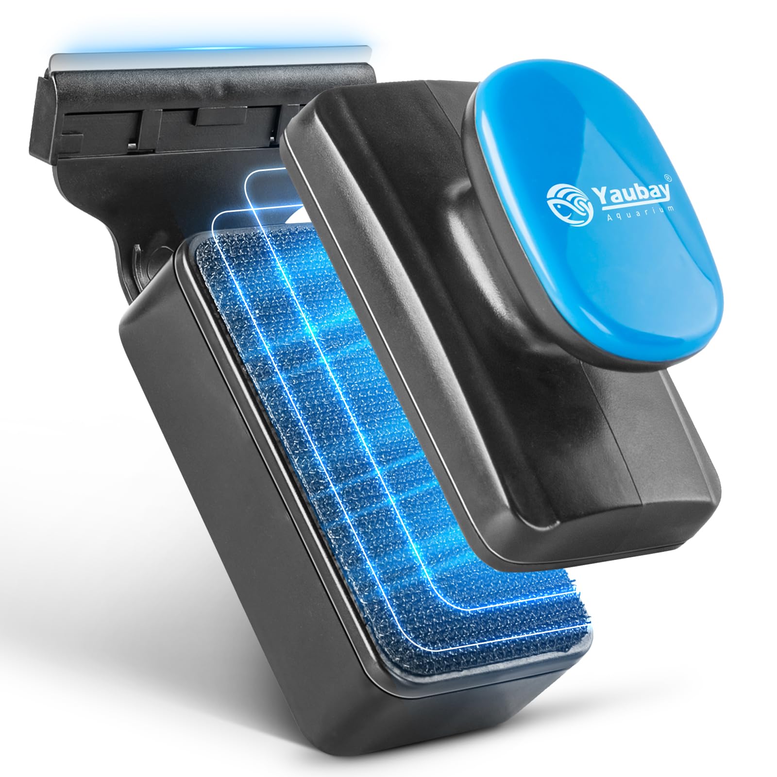 Yaubay Aquarium Magnet Glass Cleaner, Magnetic Fish Tank Cleaner with Algae Scraper, Double Sided Cleaning Scrubber Brush with Handle, Titanium Blade,