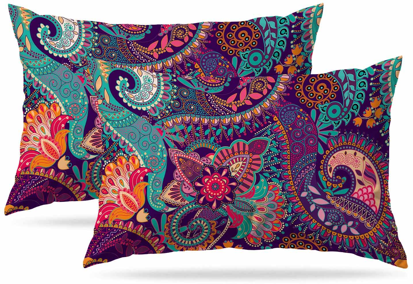 Zovinex Cushion Cover,Colorful Ethnic Paisley Soft Short Plush Rectangle Outdoor Cushion Covers Set of 2 Pack 12x20 inch, 30 x 50 cm Cushion Cover with Invisible Zip for Sofa Chair Living Room