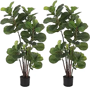 2 Pack Artificial Fiddle Leaf Fig Tree, 47 Inch Faux Ficus Lyrata Tree with 72 Leaves in Pot, Fake Green Plant for Indoor Outdoor Home Office Living Room Bedroom Decor