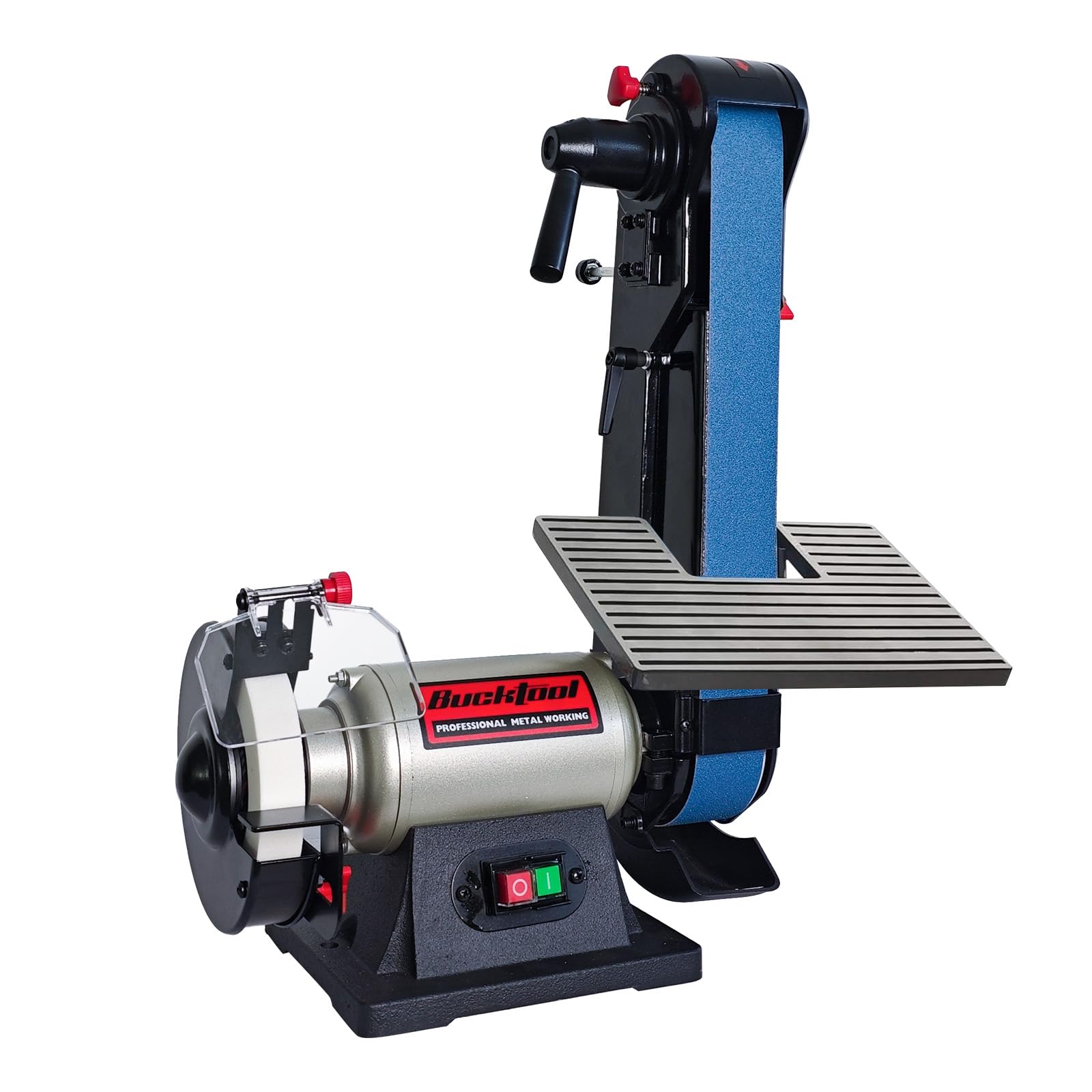 Bucktool Belt Sander and Bench Grinder Combo, 350W 50 x 1067mm Benchtop Sander with 18.7m/s Belt Speed and 150mm 2980RPM Grinding Wheel for Knife Sharpening, Woodworking and Metalworking