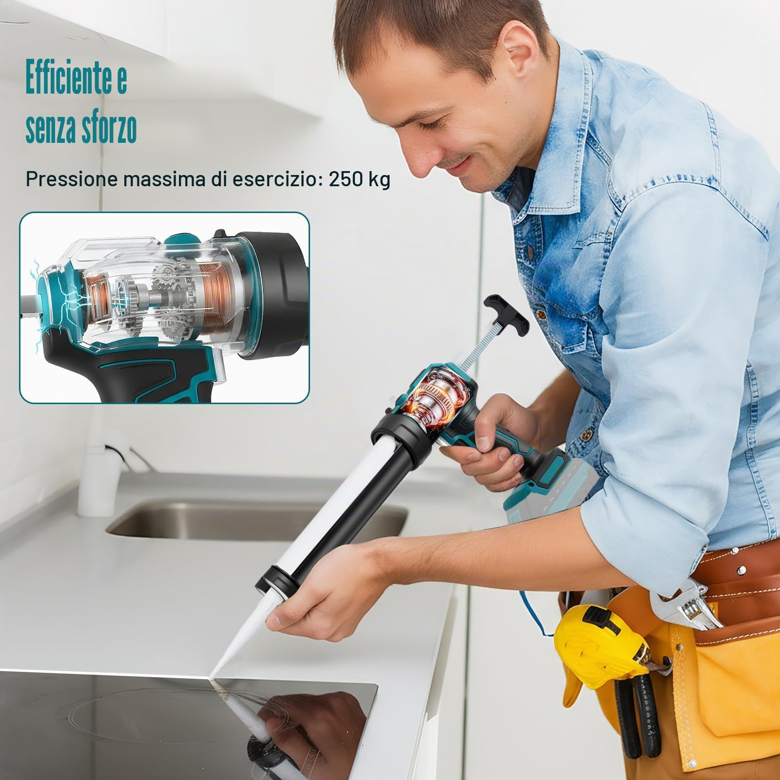 Pistola a cartuccia a batteria, compatibile con Makita da 18 V, pistola sigillante automatica con 4 livelli di velocità e luce LED, protezione antigoccia, rotazione a 360° (300 ml)