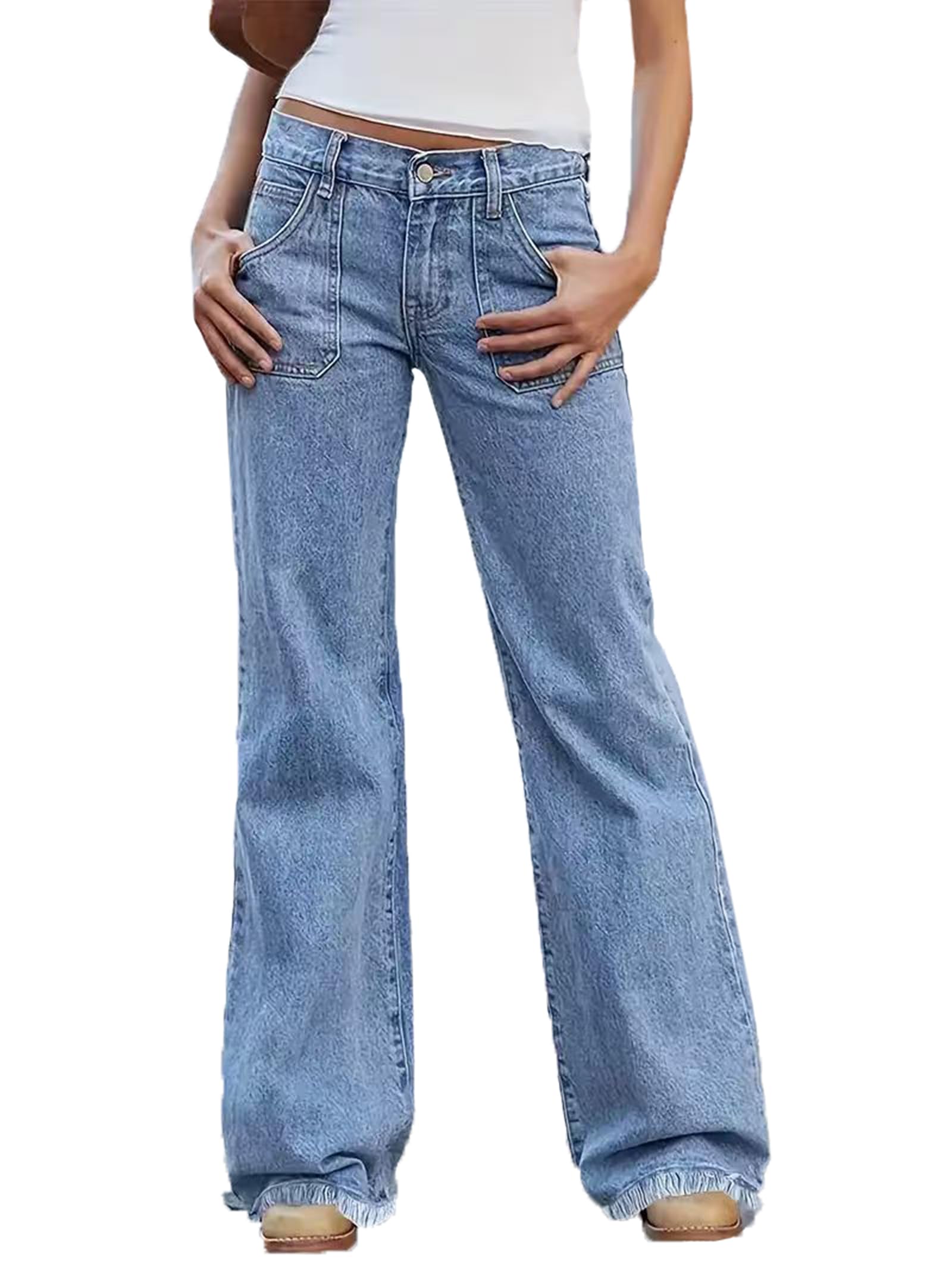 Jeans da Donna A Vita Alta con Gamba Dritta Larghi Usurati Orlo Sfrangiato Pantaloni in Denim A Gamba Larga