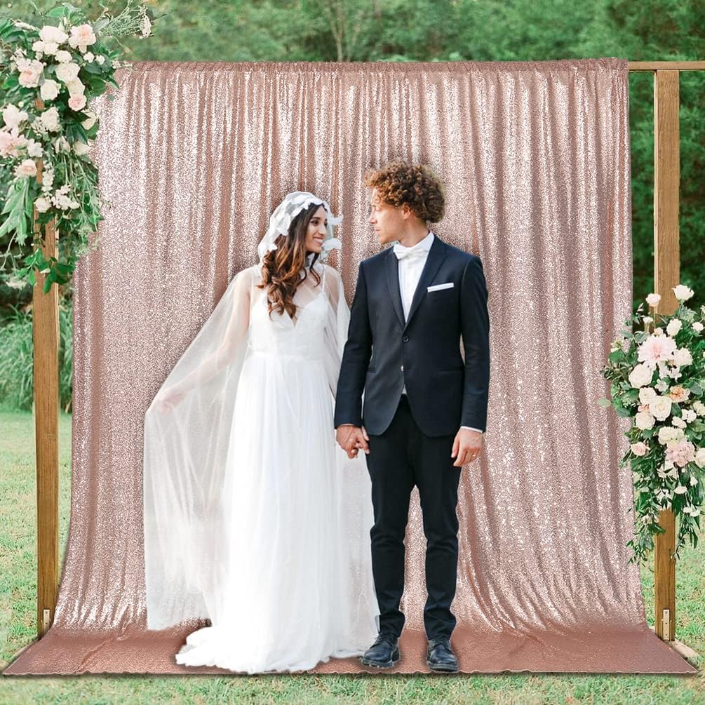 PartyDelight Rose Gold Sequin Backdrop 10x10ft - High Density 3mm Shimmer Sequin Background with 4-Inch Rod Pocket, Sparkly Photography Curtain for Wedding, Gala, Stage & Professional Studio Decor
