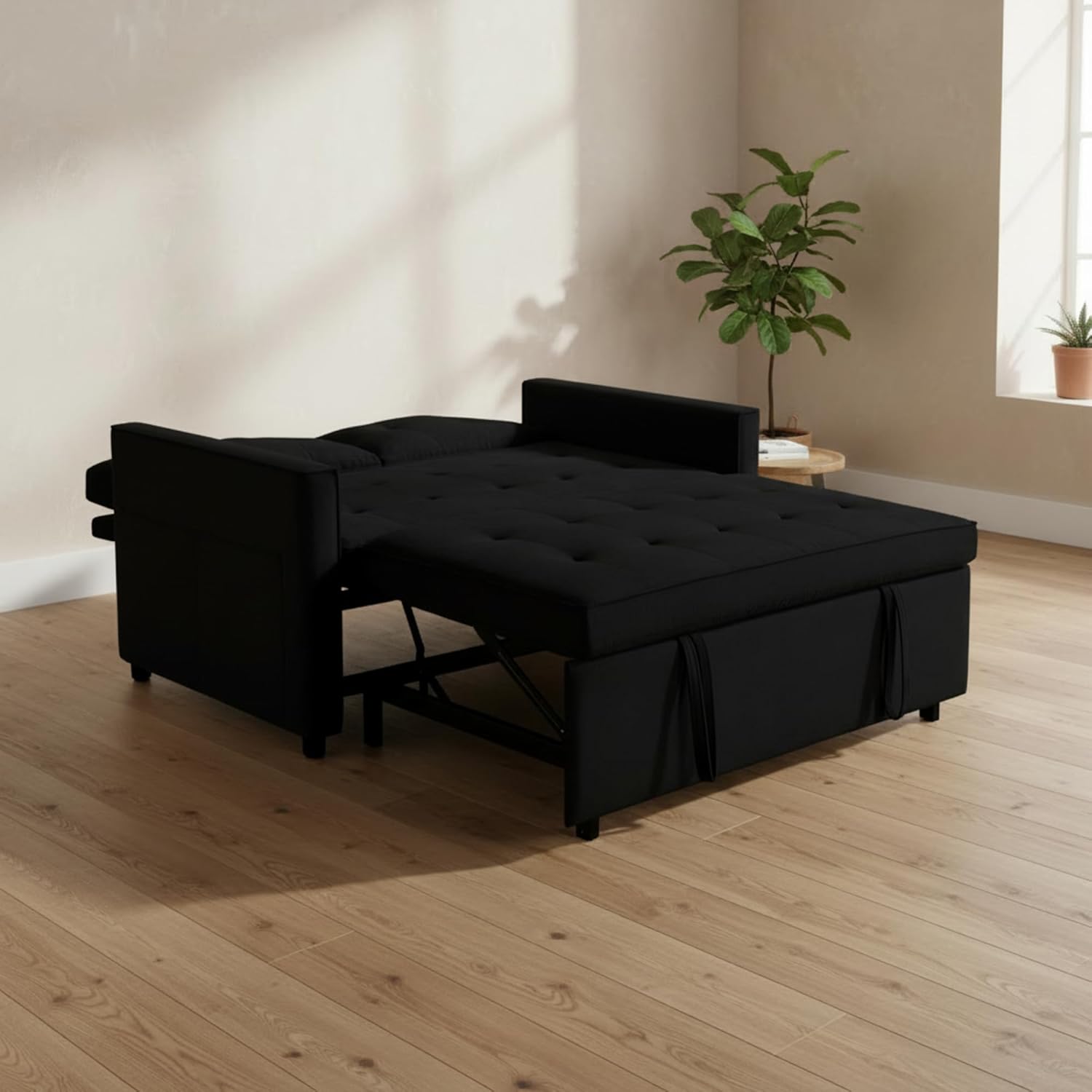 QSQS 53'' Sleeper Sofa Bed, Convertible Pull Out Couch with 2 Back Cushions, Velvet Fabric Loveseat for Living Room, Apartment, Office(Black) | Adjustable backrest, Side Pockets, Sleeper Sofa