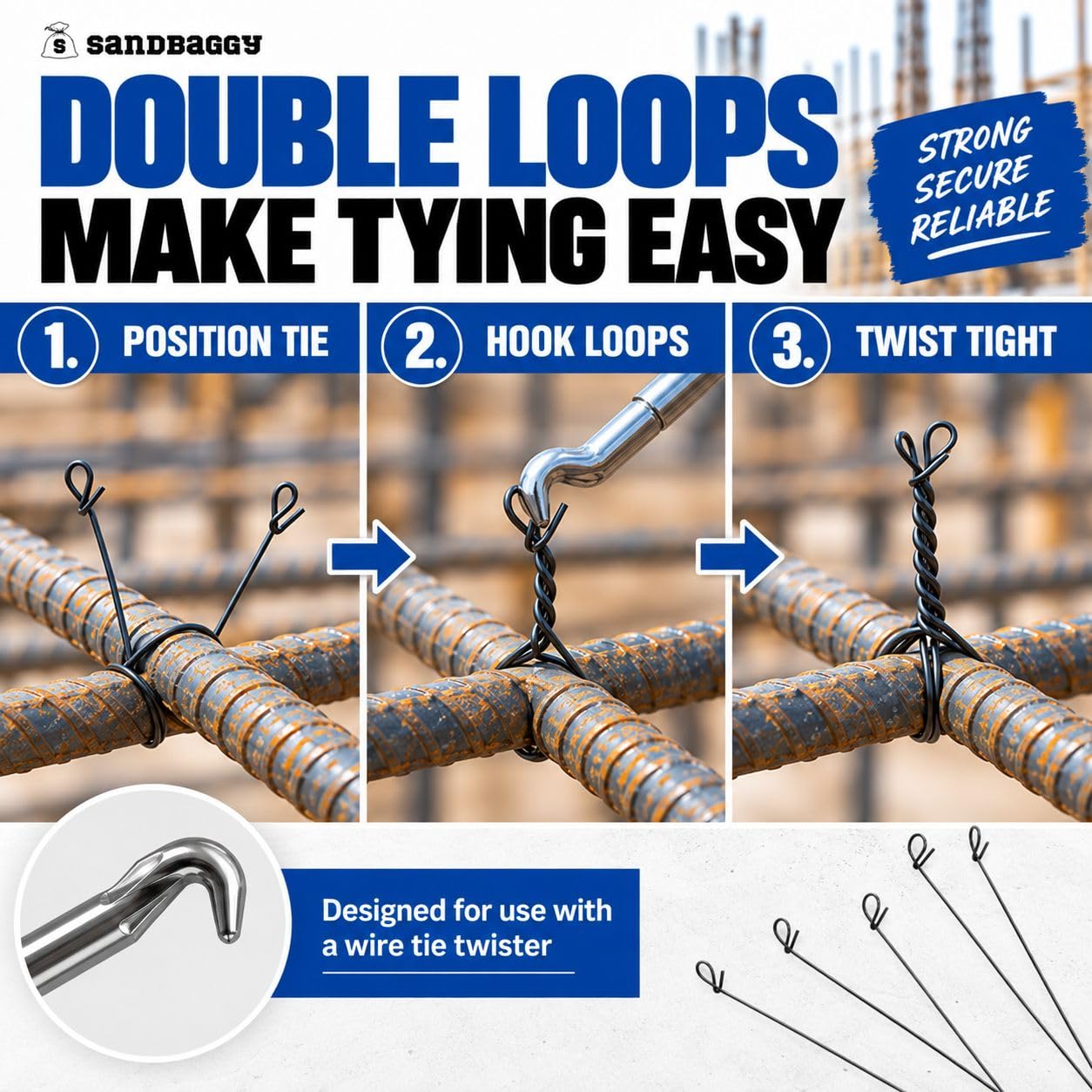 Sandbaggy Double Loop Rebar Wire Bar Ties | 6 Inch | 16 Gauge