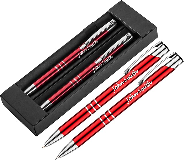 Personalised Engraved White Pen & Pencil Set Gift Boxed Personalised Gifts For Anniversary, Gift Idea, Gifts For Men and Women - Enter Your Custom Text (Red)