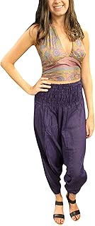 2pc Boho Harem Pants Solid Purple, Bohemian Women's Halter Tank Top Gypsy Hippie Chic Style M