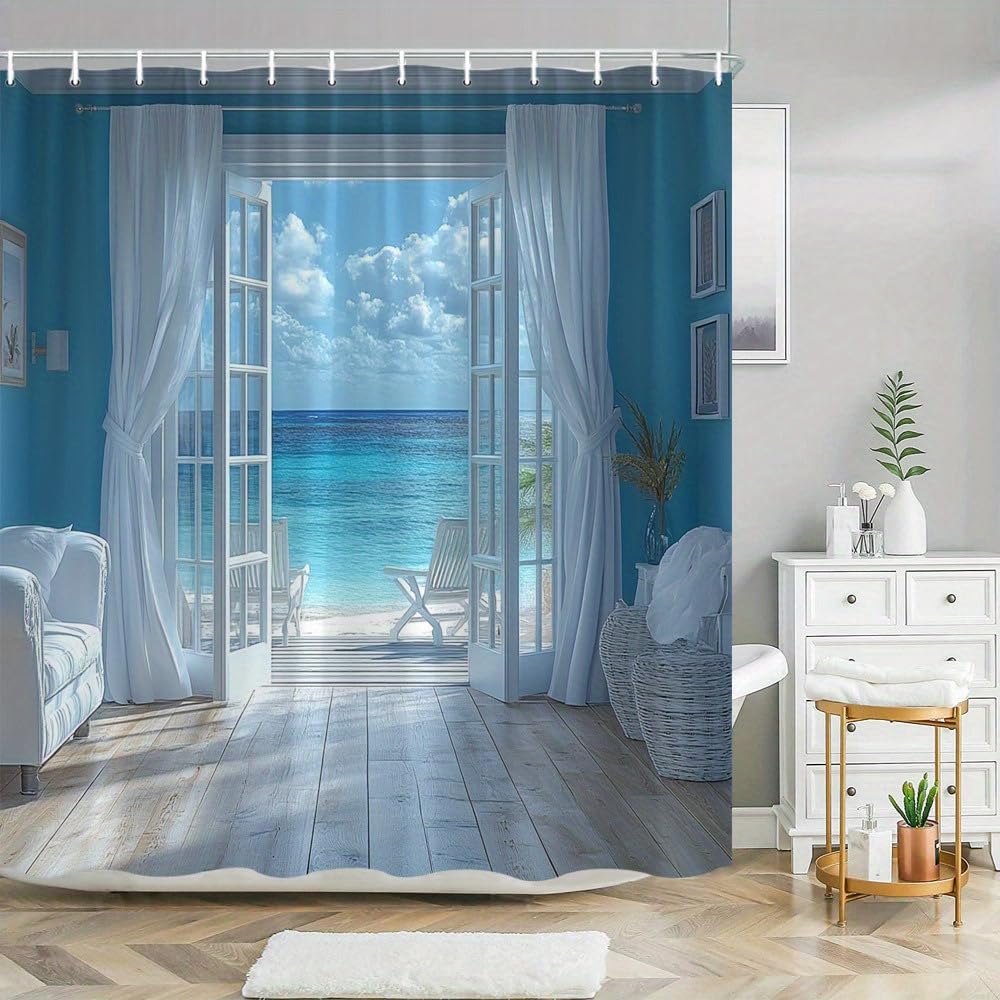 GLWDMB 1 Piece 90x180CM Serene Beachfront Printed Shower Curtain With Hook, Polyester, for Windows And Walls, Bathtub, Bathroom, Machine Washable, All Season Universal
