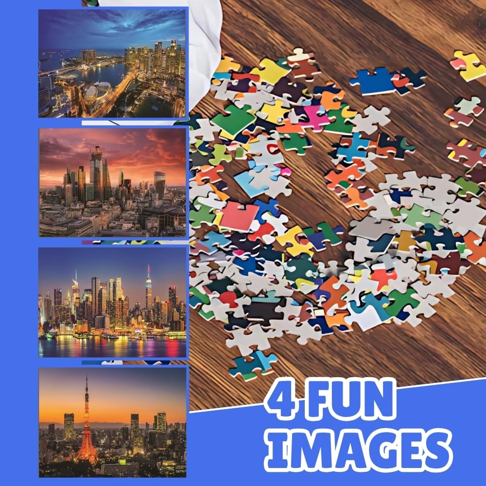 Rompecabezas de ciudad de luces, paquete de 4 rompecabezas, cada uno de 150 piezas, total 600 piezas, tamaño A4 de 8.27 x 11.69 pulgadas, para adultos y adolescentes, colorido, familiar,