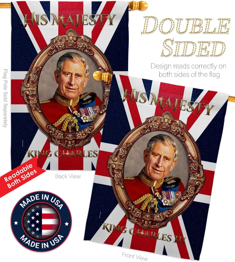 His Majesty King Charles III Tapestry Home Decor Banner Wall Art Porch Garden Flag Stand Pole Room Indoor Outdoor Coronation Party Decoration Souvenir Poster United Kingdom Memorabilia Made in USA