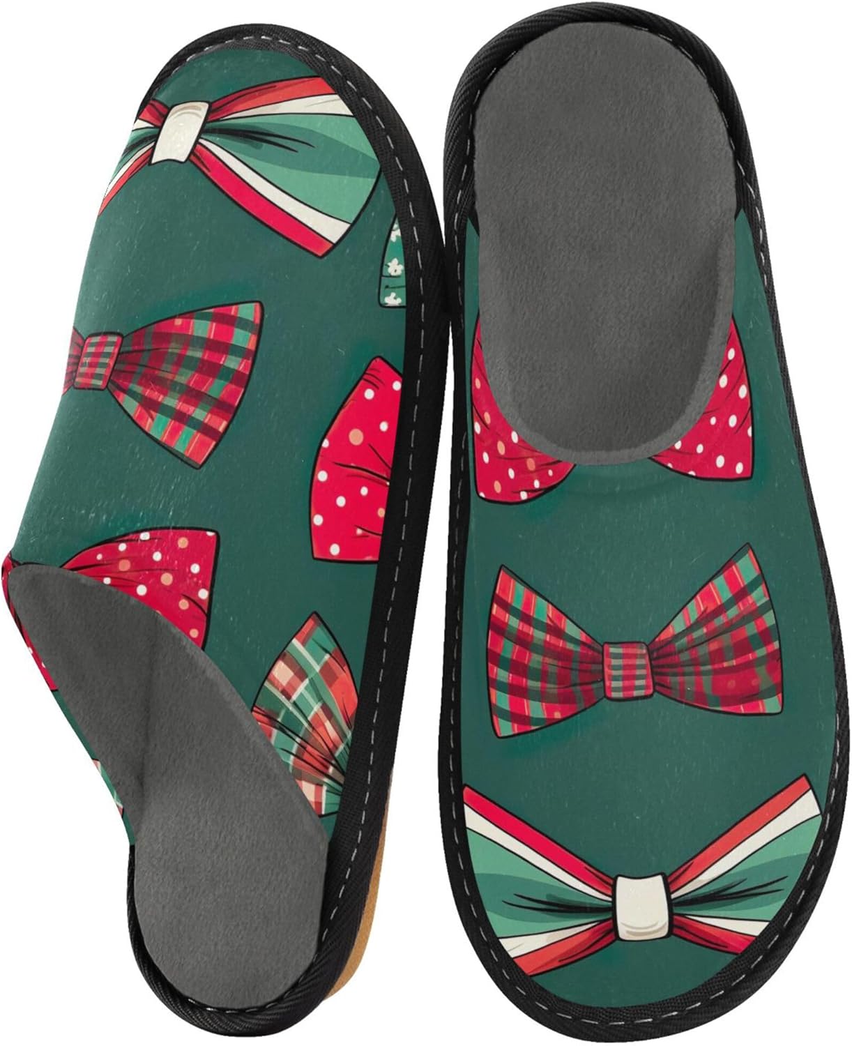 Christmas Red Green Bow House Slippers – Cozy Fuzzy Slippers for Guests, Washable & Disposable, Perfect for Shoeless Home, Spa & Hotel Use A111965