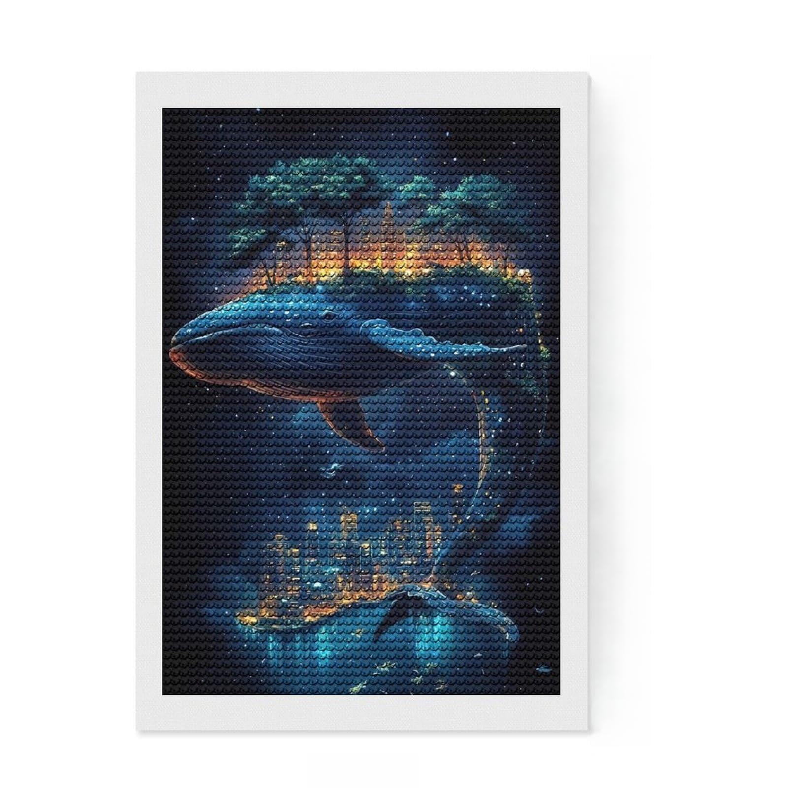 Junmoney Whale Cityscape Starry Night Round Drill Diamond Painting 8"x12", for Creative Relaxation, Full Kit Included, Boho Decor, Gift Idea