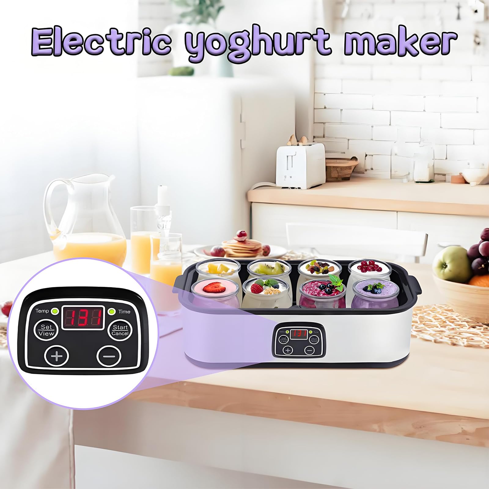 Yogurtiera con 8 vasetti in Vetro, per Yogurt probiotico | Temperatura regolabile e timer da 48 ore; ideale per preparare yogurt biologico, natto e dessert fatti in casa