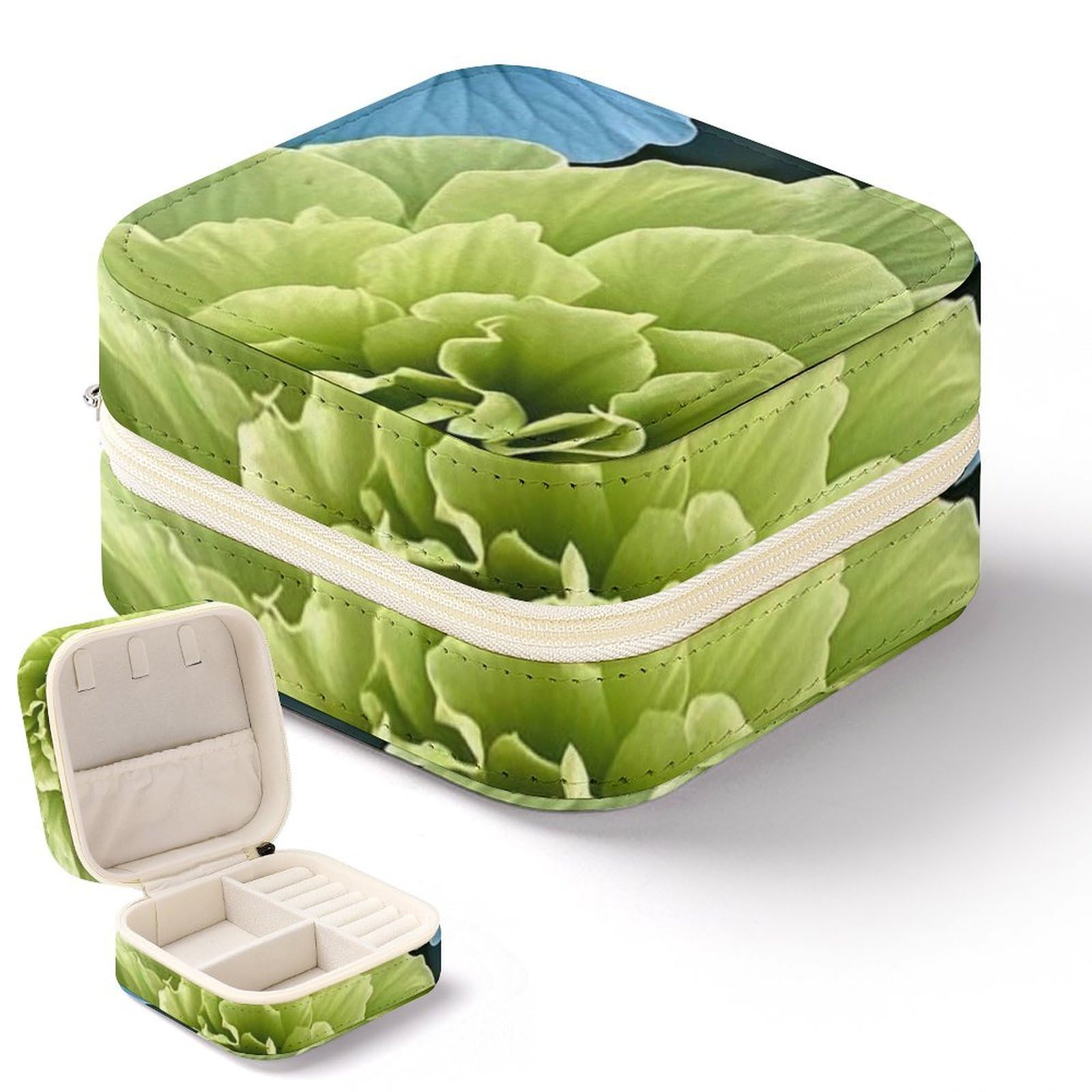 Boîte de rangement pour bagues et boucles d'oreilles à motif hibiscus vert et bleu