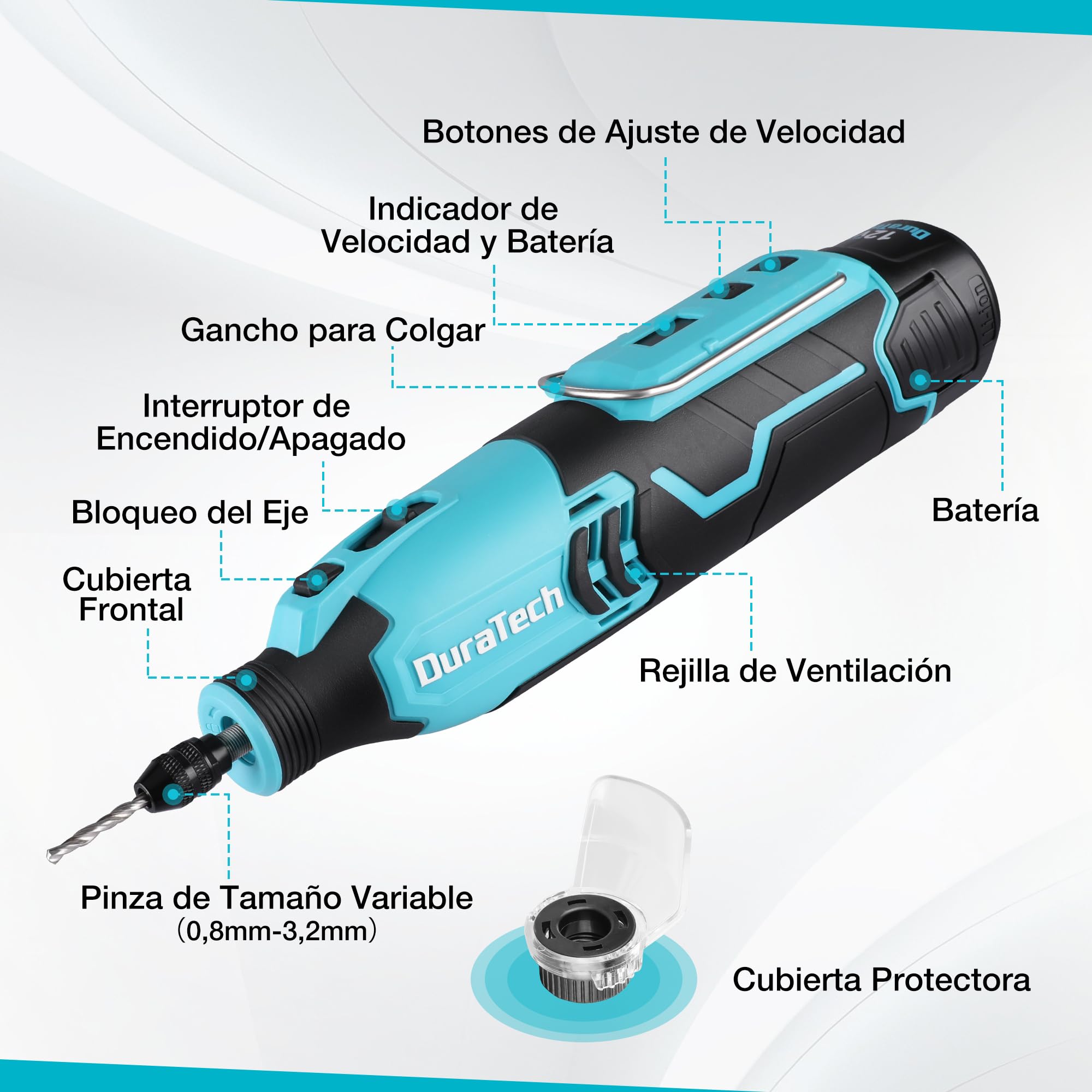 DURATECH Amoladora Inalámbrica de 12V, Multiherramienta Recargable de 35000RPM, Herramienta Rotativa con 118 Accesorios, 7 Velocidades Variables, para Cortar, Tallar, Grabar, Perforar