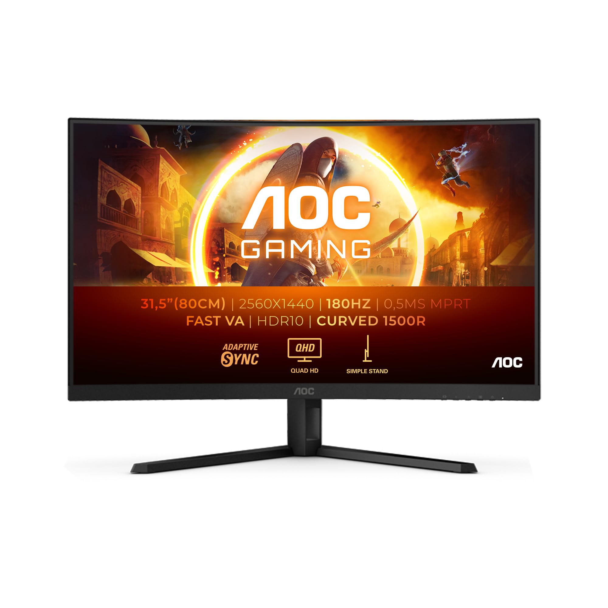 AOC Gaming CQ32G4VE - 32 Inch QHD Curved Monitor, 180Hz, Fast VA, 1ms GtG, HDR10, G Menu, Game Modes, FreeSync (2560 x 1440, 300 cd/m2, HDMI 2.0 / DP 1.2)