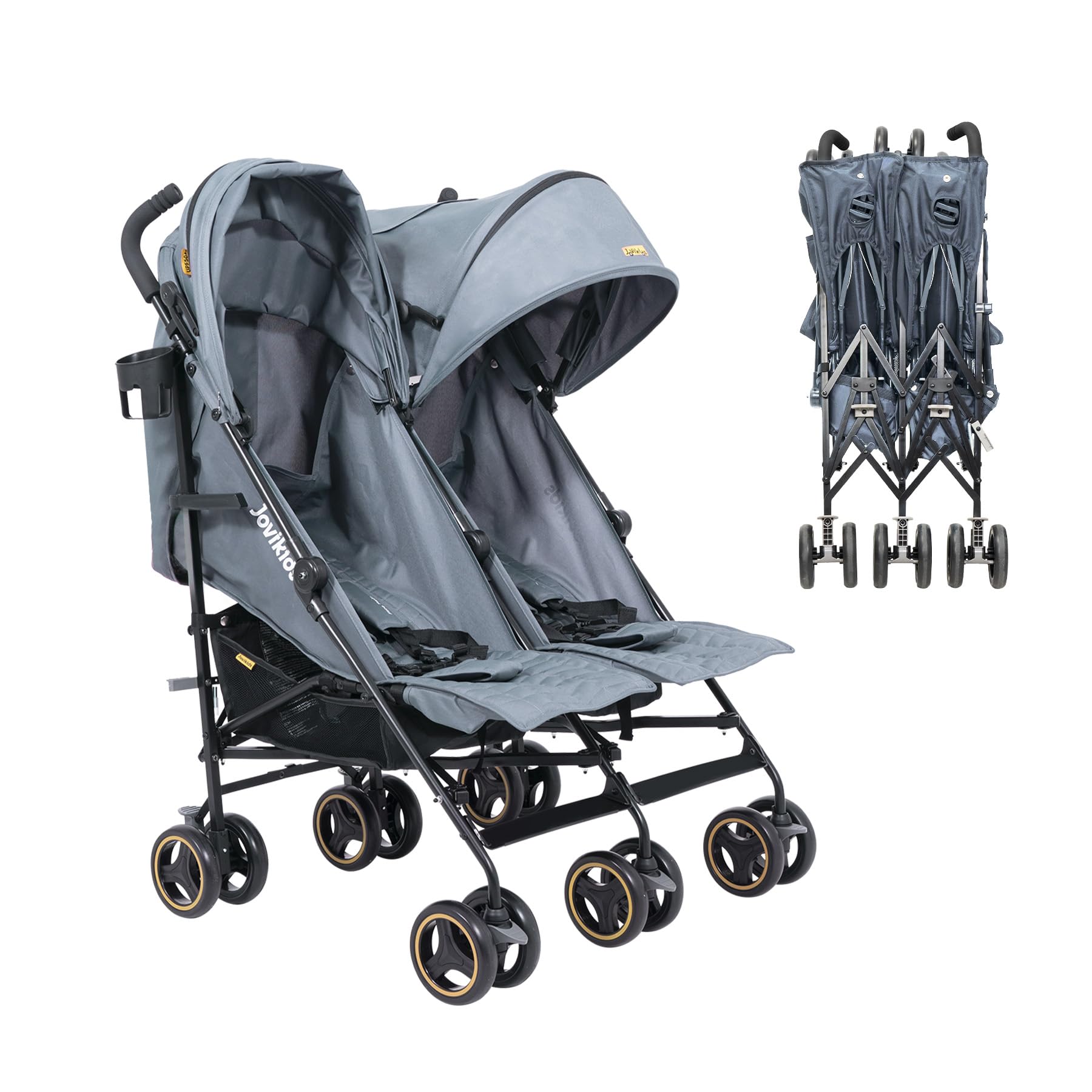 Jovikids Passeggino Gemellare Leggero per Bambini 0-36 Mesi, Doppio Passeggino per Gemelli/Fratelli fino a 15 kg, Cappottina Estesa, 5 Punti di Sicurezza, 2 Grandi Cestini (Grigio)