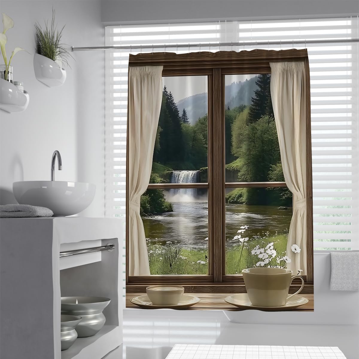 UIRINGART Window View Shower Curtain W150xL200cm 3D Print Nature Forest Waterfall Scenery Fabric Bathroom Curtains Water Resistant Polyester Machine Washable with Hooks