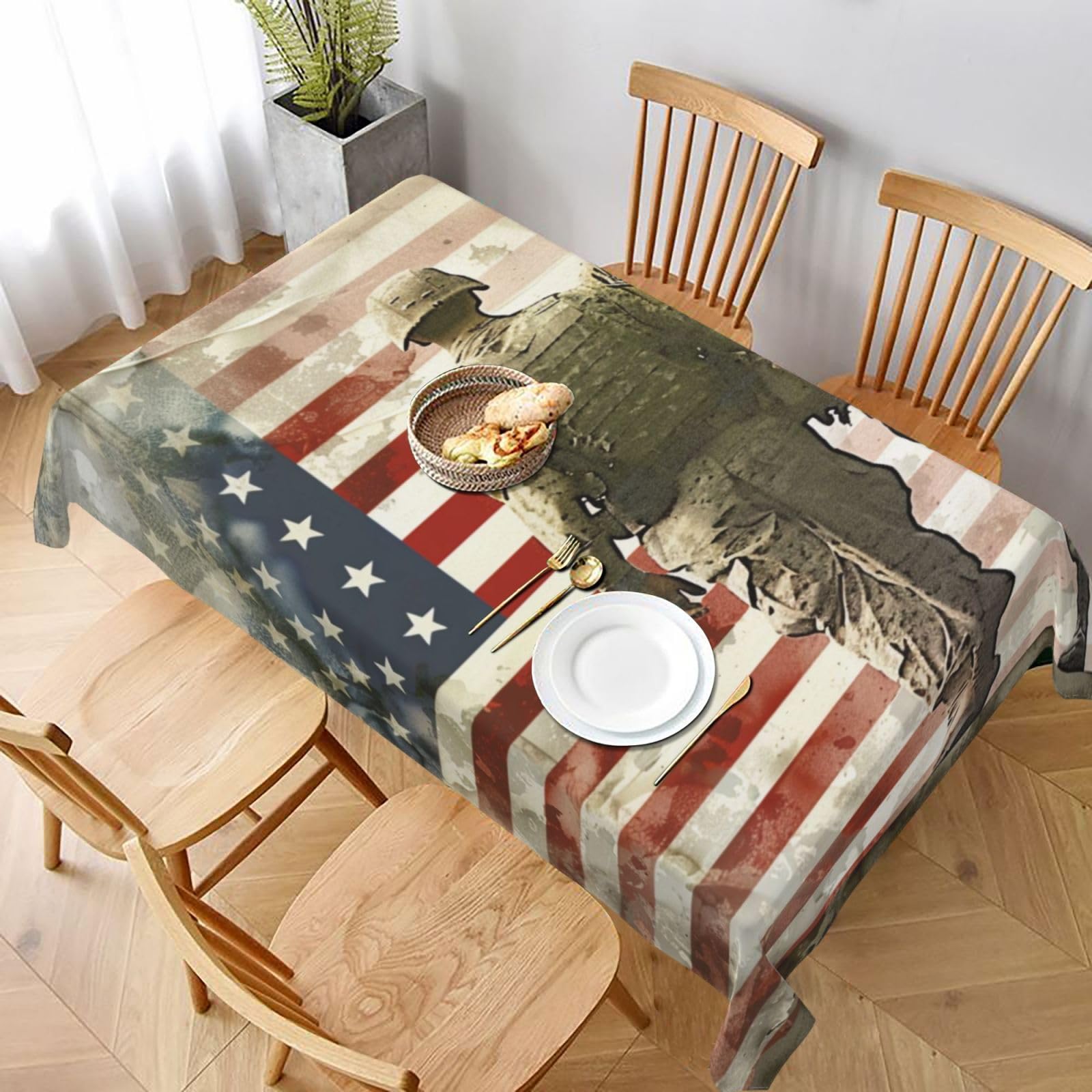 WPKJU US Military Soldiers Patriotic Memorial Day Printed Tablecloth 60x90 in Water Resistant Table Cover Washable Rectangle Table Cloth for Dining Tables