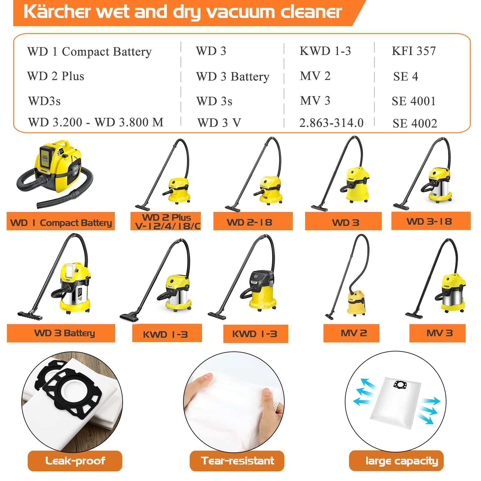 Kit 10 Sacchetti con Filtri per Karcher WD3 WD2 Plus SE 4001 SE 4002 KWD1-3 WD3.200 2.863-314.0, Kit di Accessori per Karcher KFI 357 Ricambi