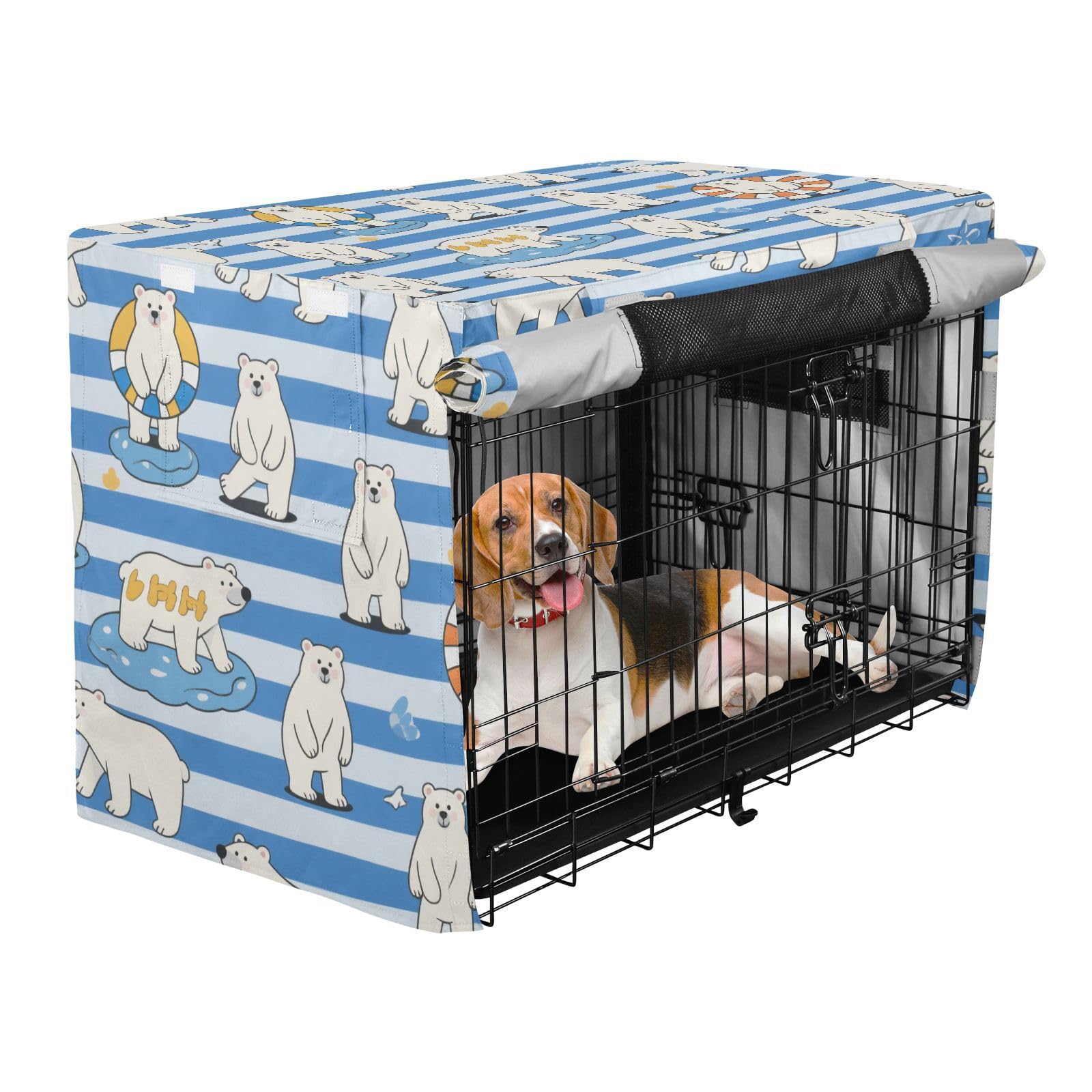 Copertura per gabbia per cani a righe blu e bianche