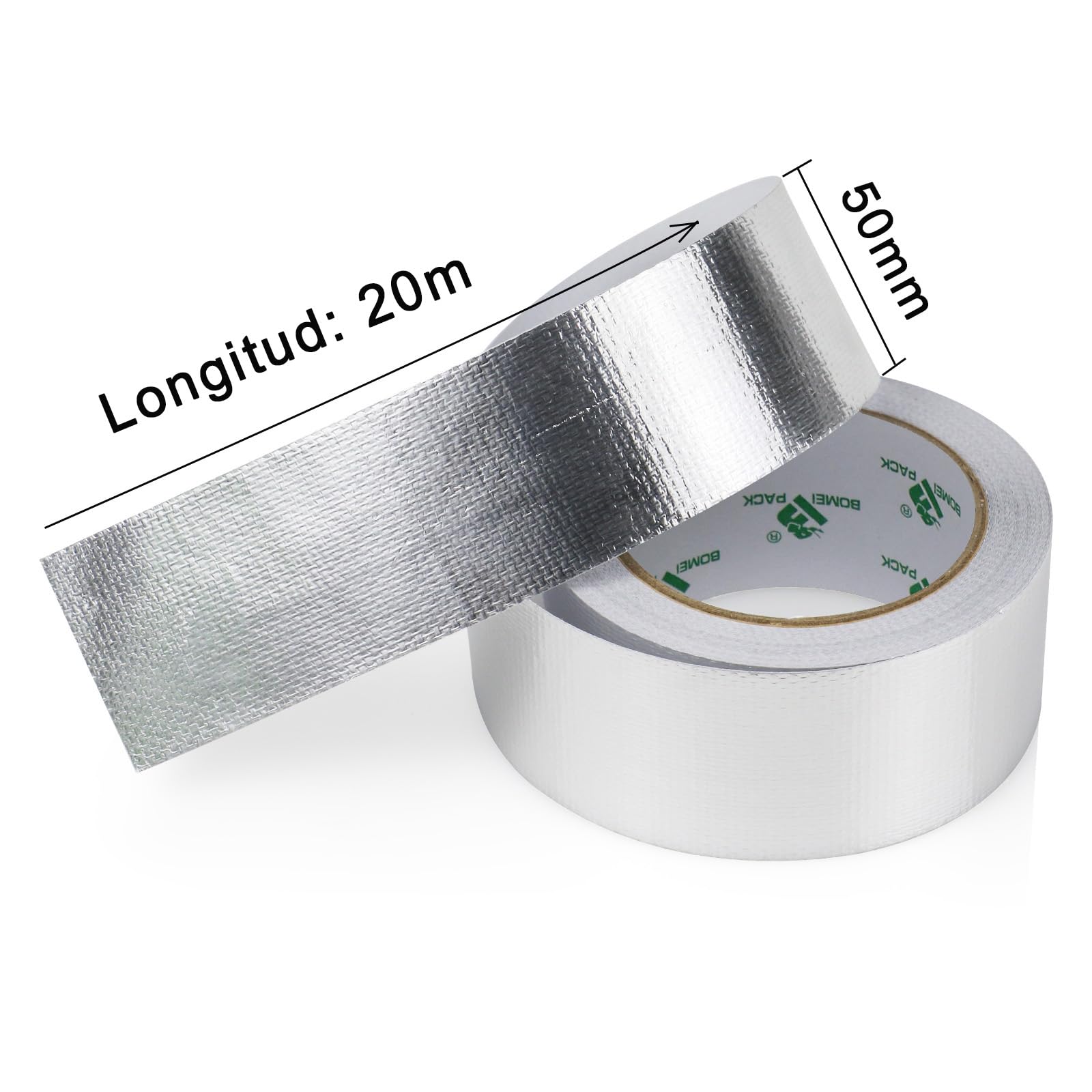 BOMEI PACK 50mmx20m Cinta adhesiva de aluminio reforzada aislante térmico - Rollo de aluminio adhesivo de alta temperatura de reparación - Cinta de Aluminio para Sellar Sistemas