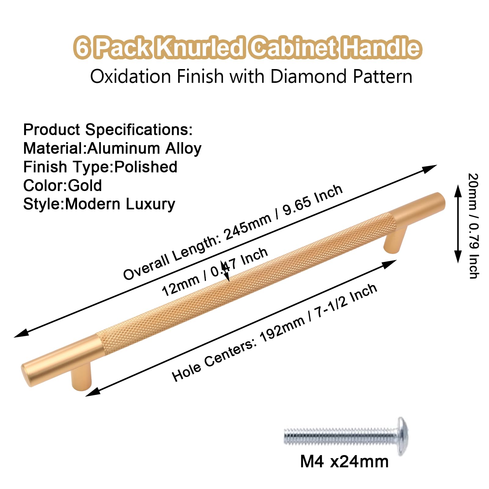 Cjueiom 6 Pack Gold Cupboard Handles, 192mm Hole Center T Bar - Image 2