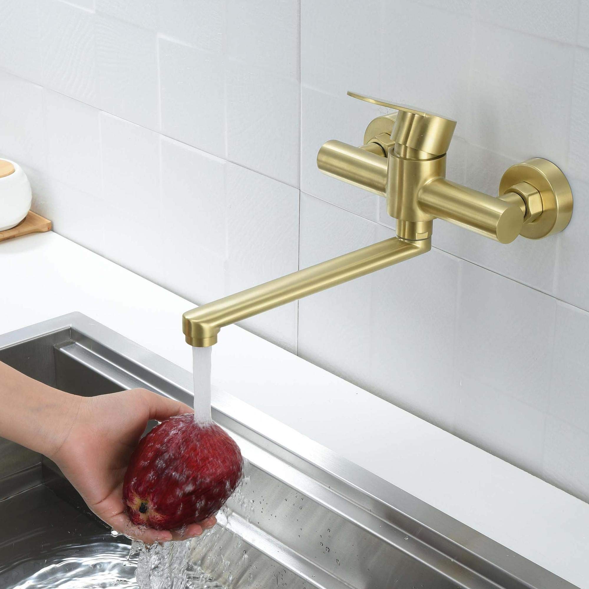 HomeLava Rubinetto oro spazzolato, Rubinetto cucina a muro, Miscelatore monocomando girevole a 360°， Acciaio inossidabile 304, Tubo rotante 23cm