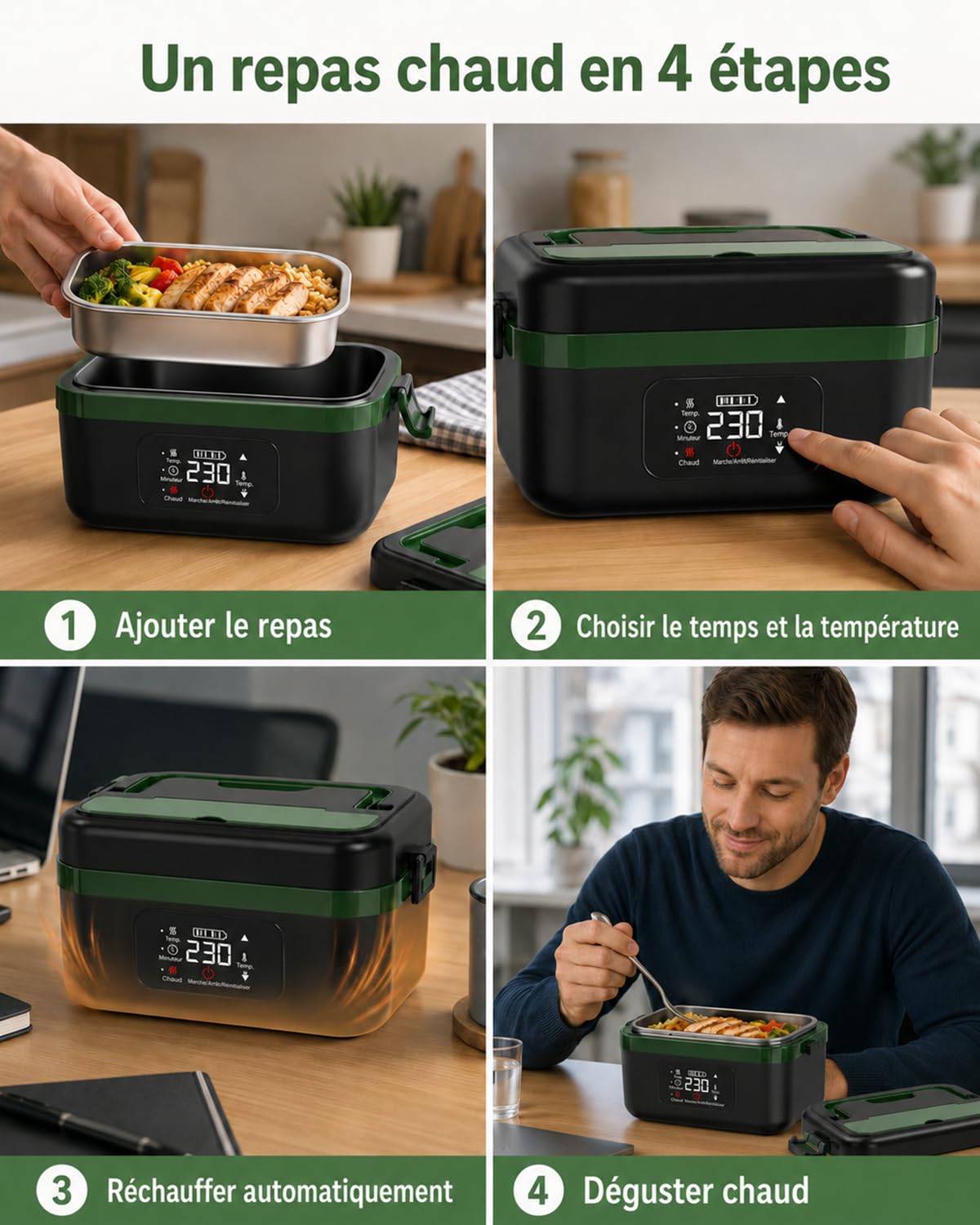 LANMOU Gamelle Chauffante Batterie Sans Fil, 1000ml, Minuterie | Lunch Box Chauffante Rechargeable USB-C, Cuve amovible Inox 304, 6 Temps, Maintien Chaud, Pour Bureau Chantier Voiture