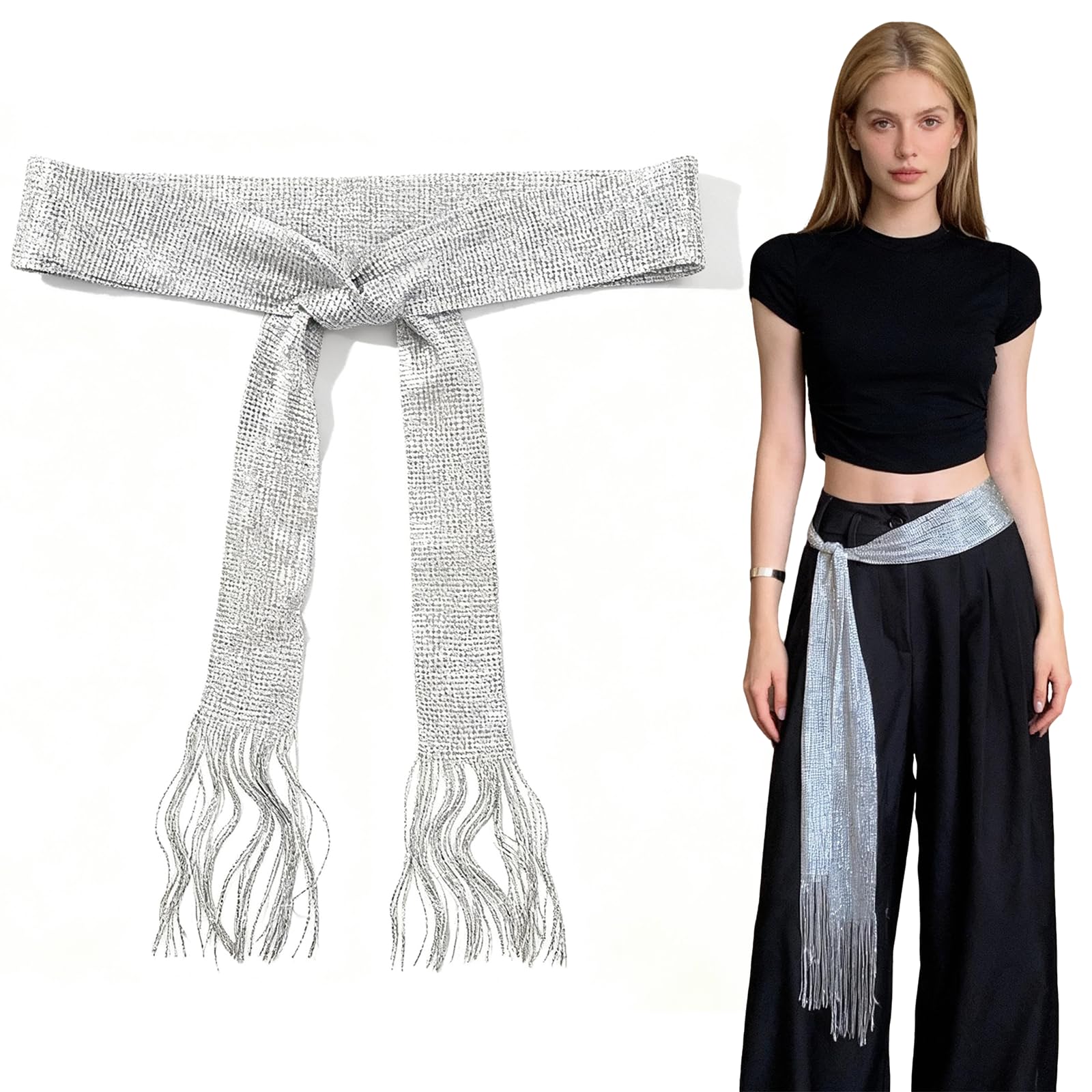 MIUPOO Female Waist Decoration Accessories,Silver Belts for Women,Tassel Knotted Belt,Sparkly Belts for Women,Women's Belt Accessories,High End Tassel Waistband,Silvery1 Piece.