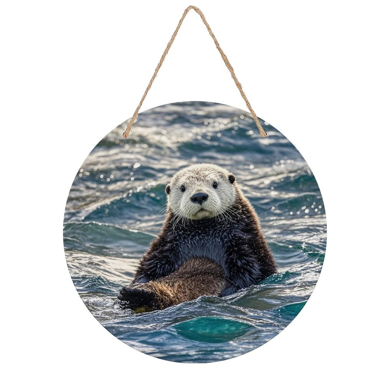 FekiLoot Round Sea Otter Wall Art Decor Painting Wooden Hanging Sign with Ropes Bohemian Wall Hanging Retro Mid Century Modern Wall Art for Home Bedroom Living Room 7.9x7.9 in