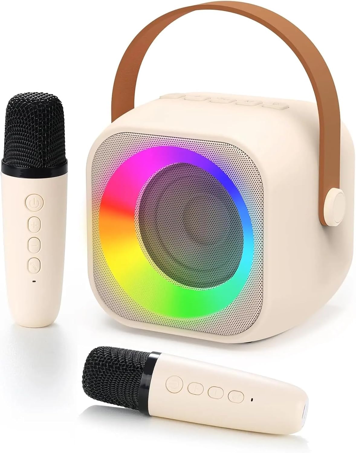 Portable Karaoke Machine with Wireless 1 Or 2 Microphone Mini Bluetooth Speaker for Children Singing Family Party Gift(Beige 2 Mic)