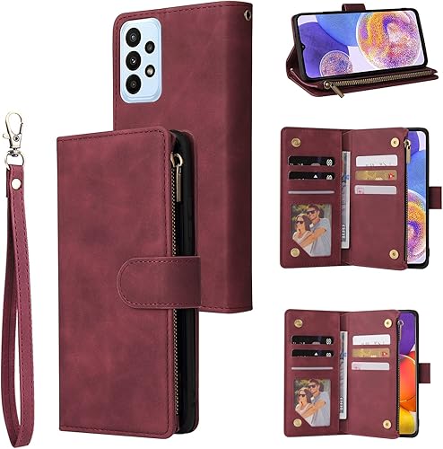 Funda tipo cartera con cremallera para Galaxy A23 5G, de piel auténtica, duradera, con tapa para tarjetas, correa de muñeca, soporte para Samsung
