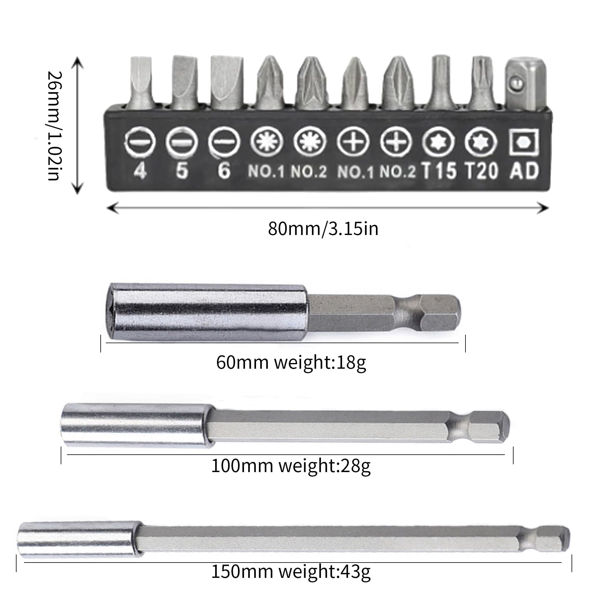 13 piezas 1/4 Bit Extension Set - Portapuntas magnético 60/100/150 mm para destornillador inalámbrico - Soporte de puntas de cambio rápido con 10 brocas