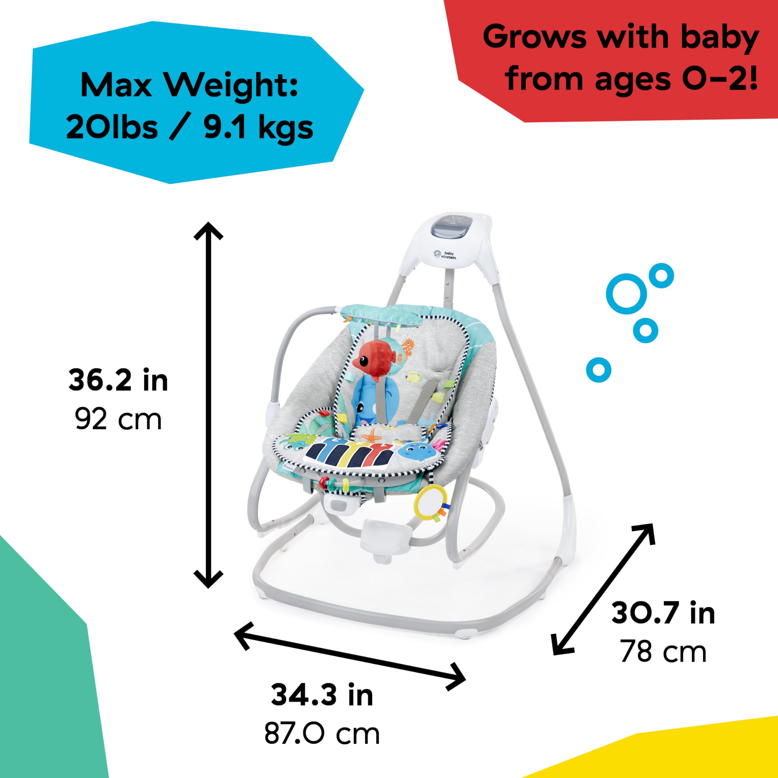 Baby Einstein, Ocean Explorers 4-in-1 Altalena e Dondolo Musicale, con Giocattolo Pianoforte Removibile, da 0 Mesi in Su