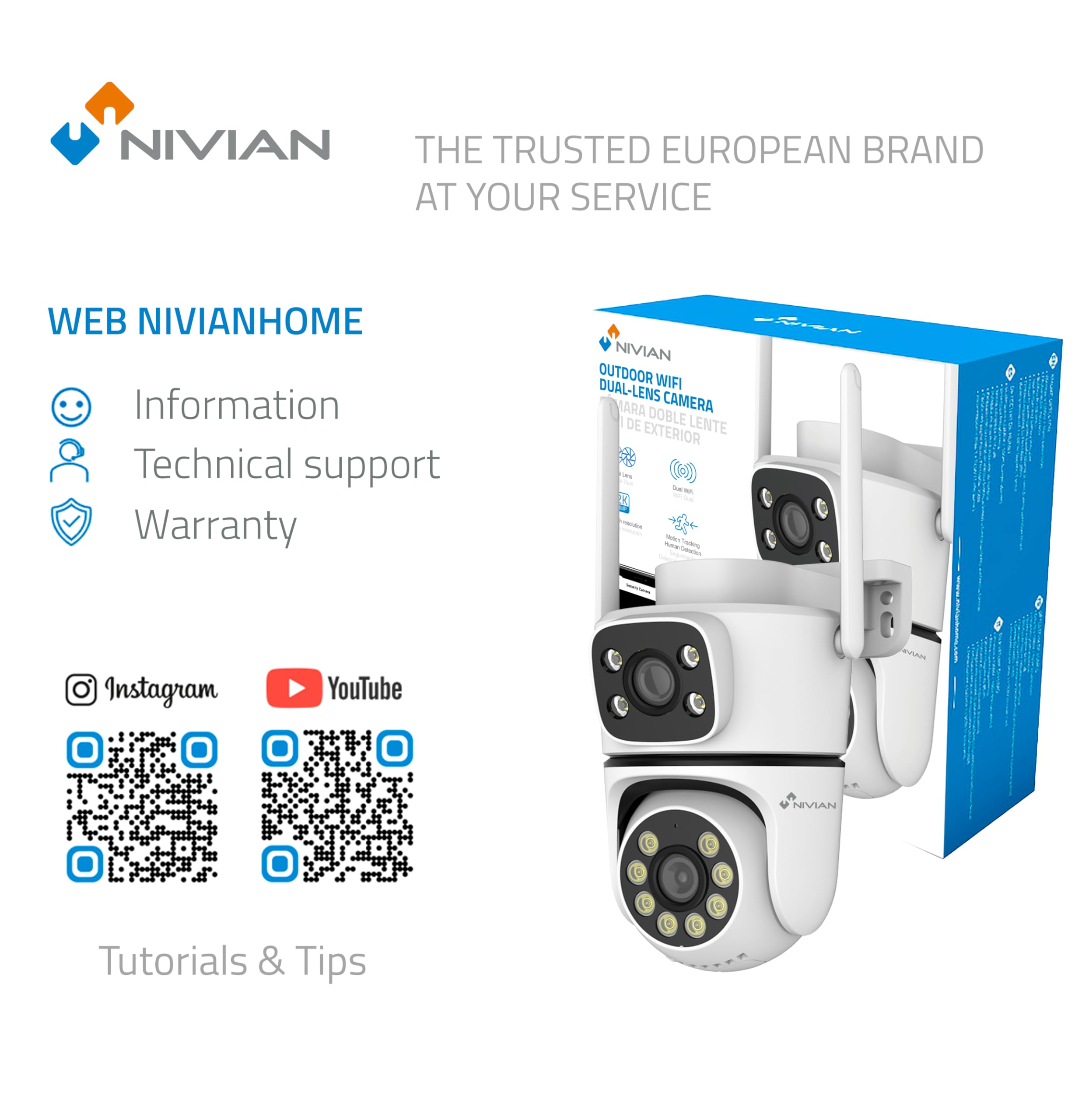 Telecamera di sicurezza esterna NVIIAN Dual 3MP SuperHD 2K WiFi con doppia lente – Nessun punto cieco, tracciamento automatico AI, audio bidirezionale, IP65, controllo tramite app Tuya (Bianco)