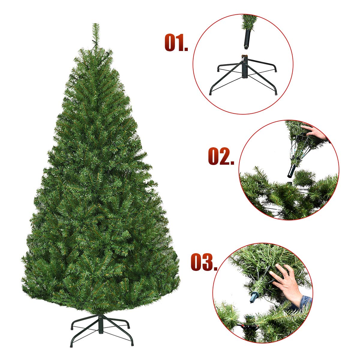 COSTWAY Albero di Natale 120/150/180/210 cm, Albero di Natale con Luci Incorporate 11 Modalità di Illuminazione, 300/600/1000/1570 Rami e Base in Metallo, Perfetta per Casa e Negozio (180cm)