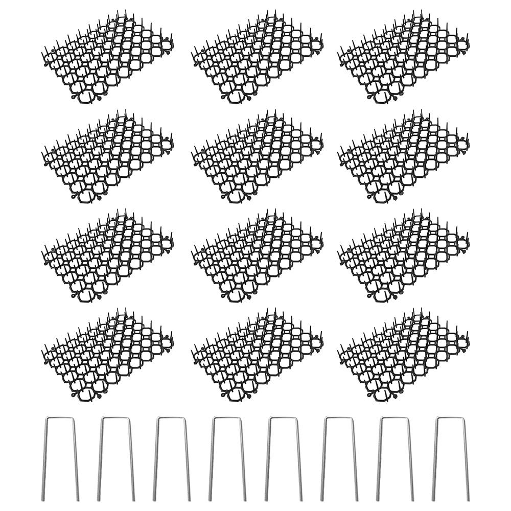 ZONADAH 12 pcs Anti Cat Spikes Cat Repellent with 8 U-shaped Pegs Plastic Cat Scat Mat with Spikes Pet Deterrent Net for Flowerbed Lawn and Garden Protection