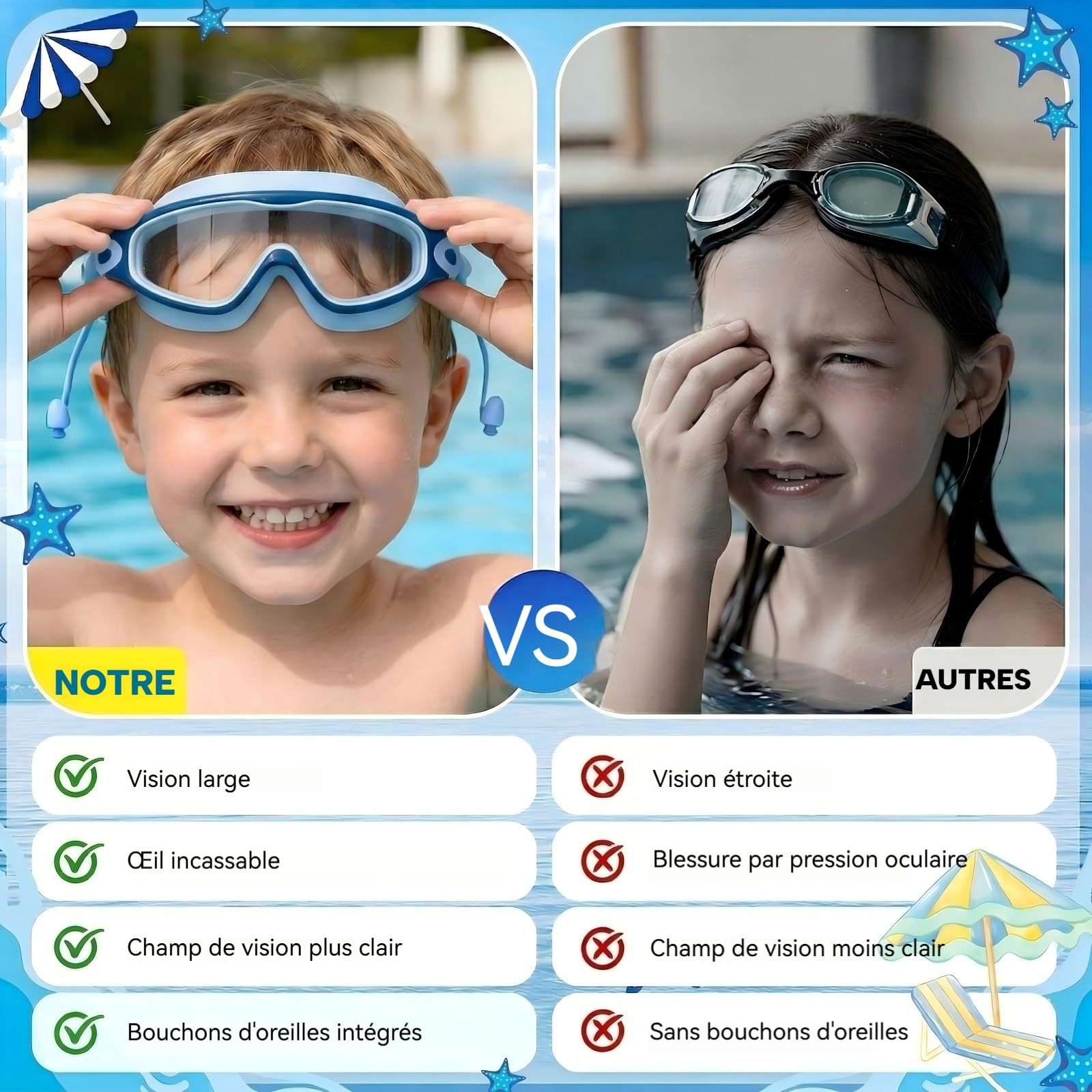 SHINER Lot de 2 Lunettes de Natation Enfants, Grand Champ de Vision HD 180°, Anti-Buée & Protection UV, Silicone Doux Réglable,avec Bouchons d’Oreilles & Pinces-Nez