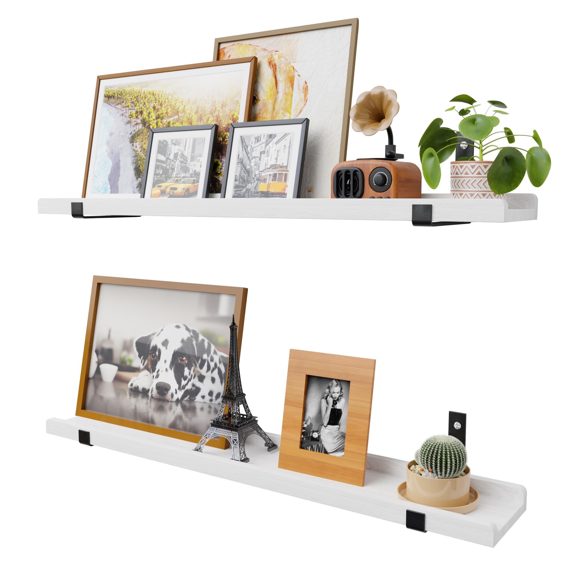 Ecowillon Natural Wood Floating Shelves with Lip, 36 Inch Long White Floating Wall Shelves with Metal Bracket, Set of 2 Picture Ledge Shelf Wall Mounted Shelves for Living Room, Bedroom and Kitchen.