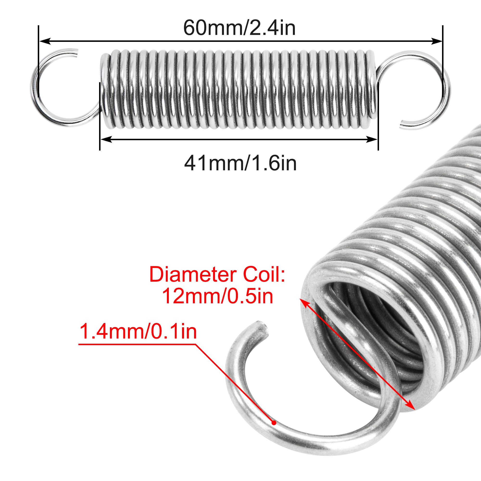 Sprężyny naciągowe 60 mm sprężyna ciągnąca podwójny hak ze stali nierdzewnej średnica drutu 1,4 mm średnica zewnętrzna 12 mm ciągnięcie 4,87 kg 4 sztuki