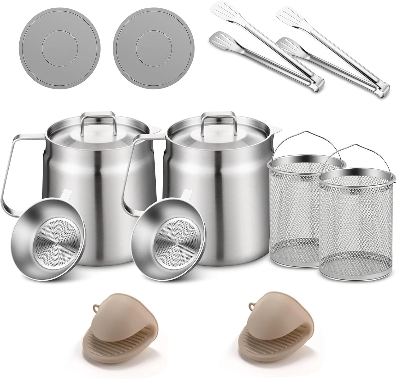 68oz 304 Stainless Steel Oil Strainer Pot, Large Capacity Kitchen Container Can, with and Anti-Scalding Mat for Kitchen,Frying, Cooking, Camping(Silver 2pc)