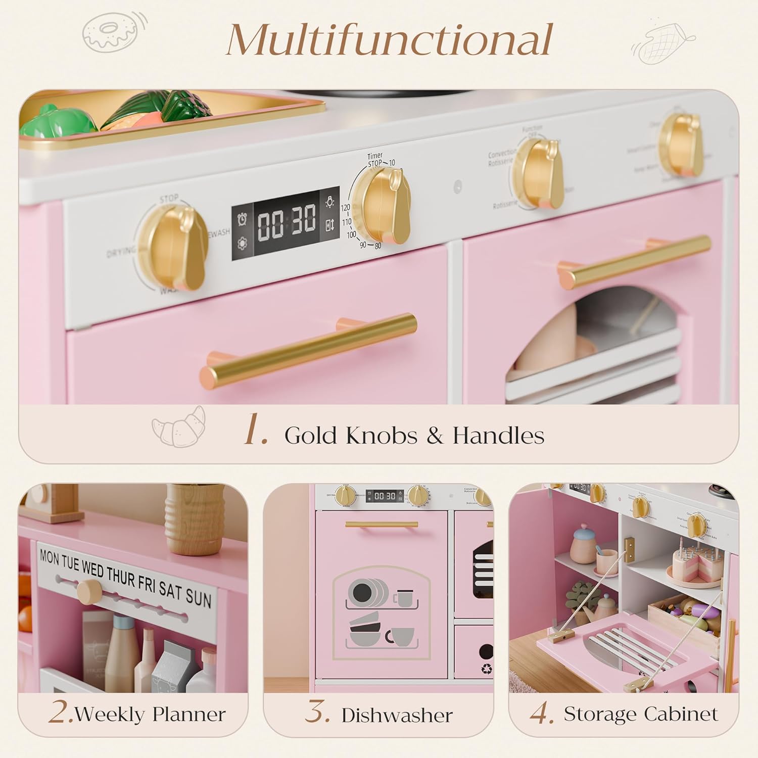 Play Kitchen Set, Kids Kitchen Playset with 21 Fun Accessories, Toy Kitchen Set with Realistic Appliances, Smart Storage, Wooden Play Kitchen for Kids, Gift for Ages 3+ (Pink)