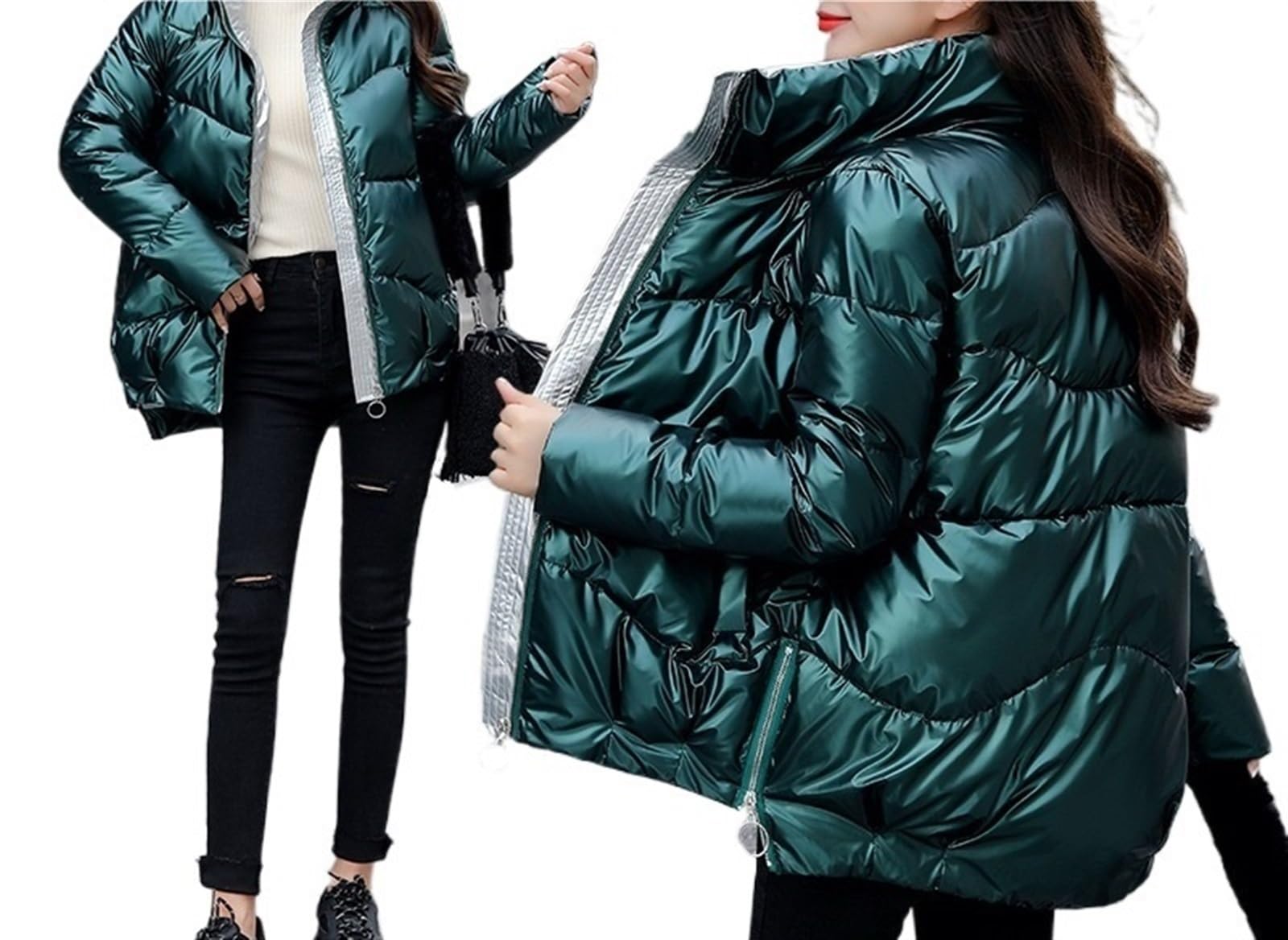 Doudoune Femme, Veste d'hiver Unie, Col Montant Chaud, Veste Demi-Saison, Doudoune Brillante, Coupe Courte, Veste Matelassée Matelassée