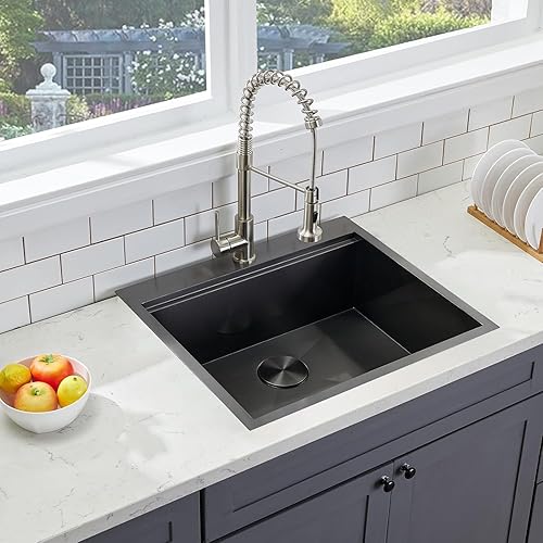 Miniatura 33 de SHACO Fregadero de cocina negro de 21 pulgadas, 21 x 20 pulgadas, montaje superior negro plomizo de acero inoxidable calibre 16, estación de trabajo
