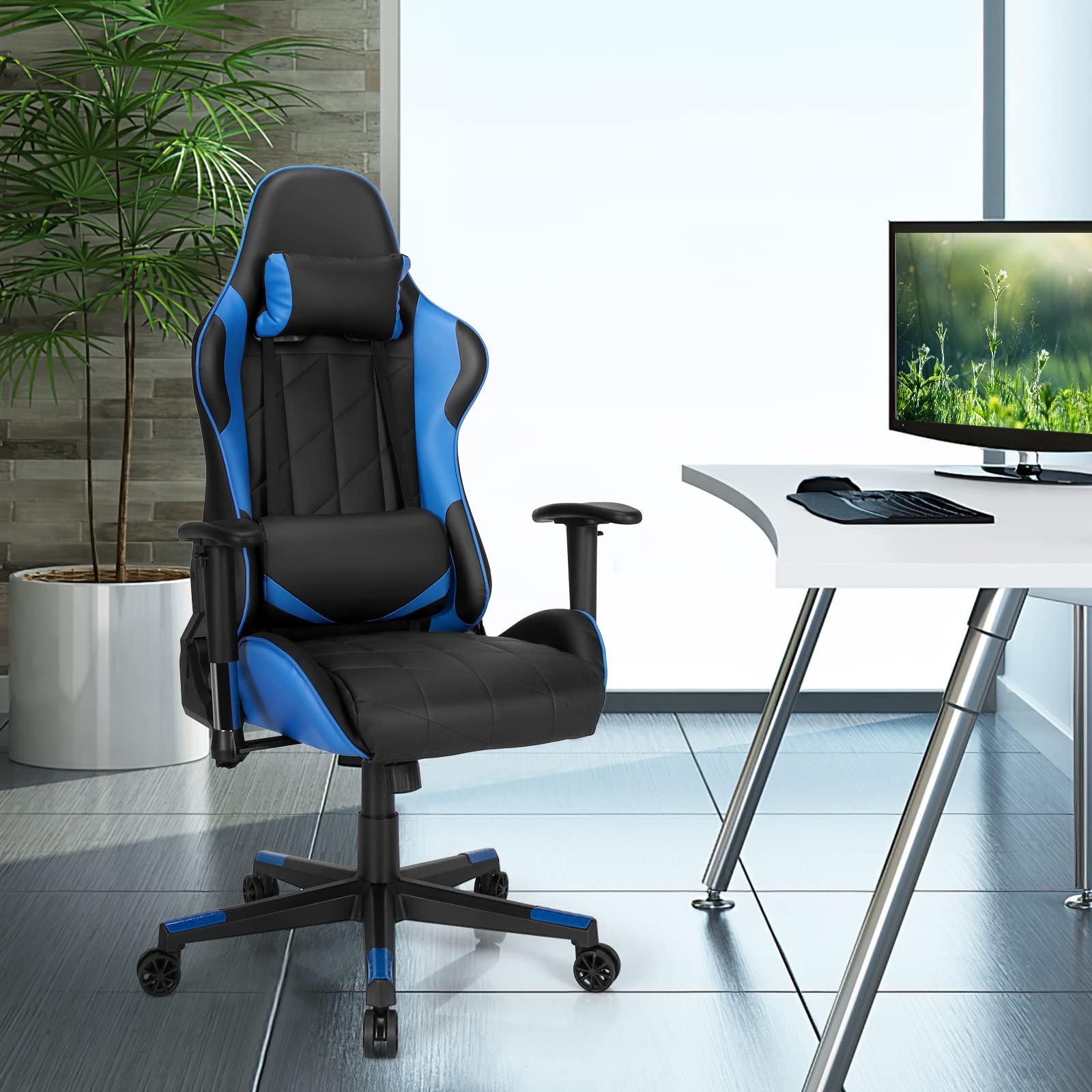 GIANTEX Chaise Gaming Ergonomique Réglable avec d'Appuie-Tête Oreiller Lombaire, Fauteuil Gamer avec Dossier, Siège, Accoudoirs Réglables, Charge de 150 KG (Bleu)