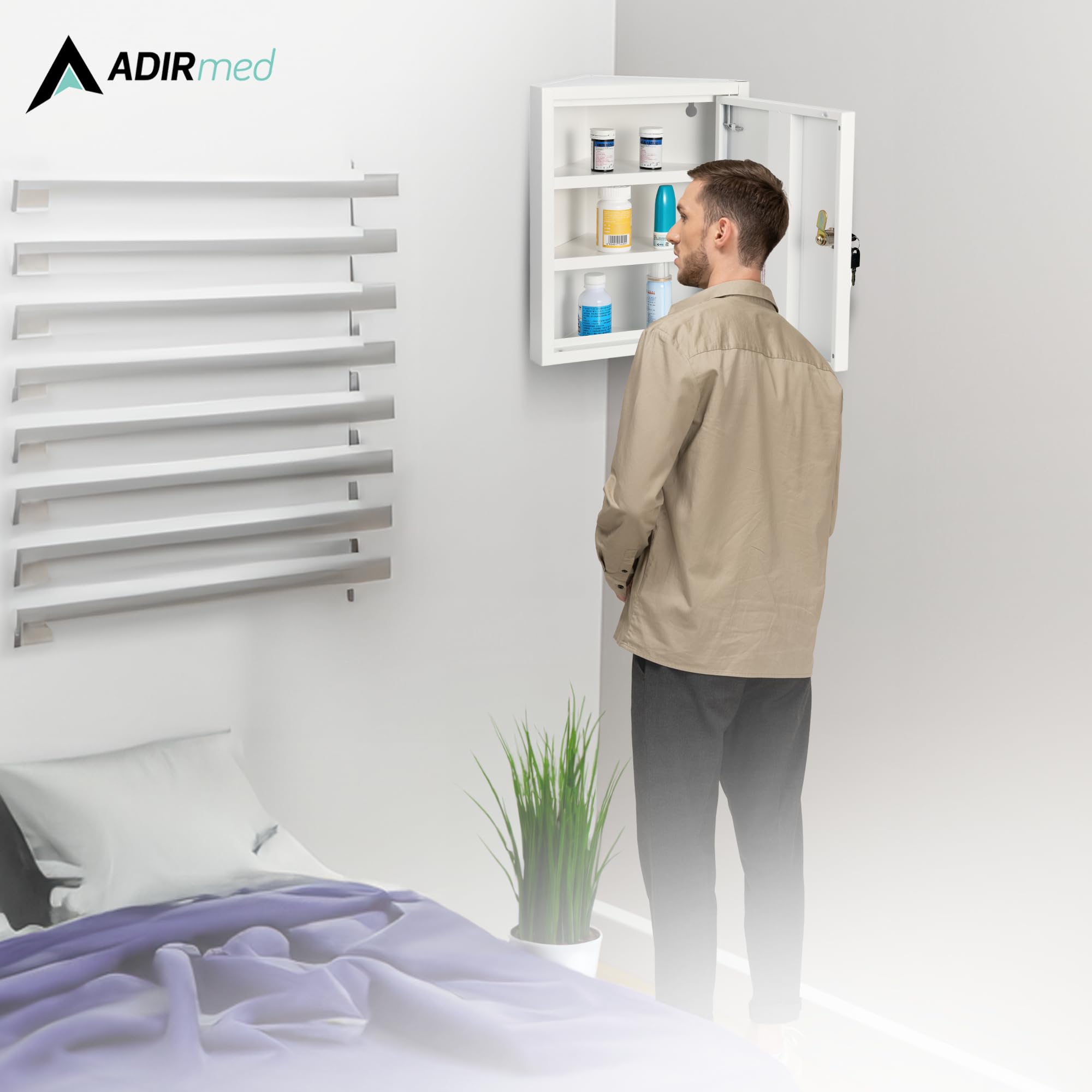AdirMed Pudełko na leki na leki i apteczkę z 3 półkami/osprzętem instalacyjnym, montowana na ścianie, na leki na receptę, sejf na tabletki do domu, szkoły, biura (stal - biała)